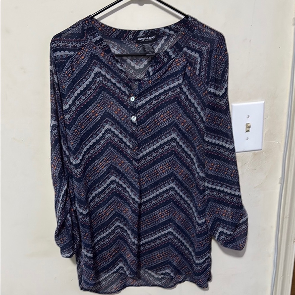 About A Girl Blue Graphic Mandarin Collar Blouse
